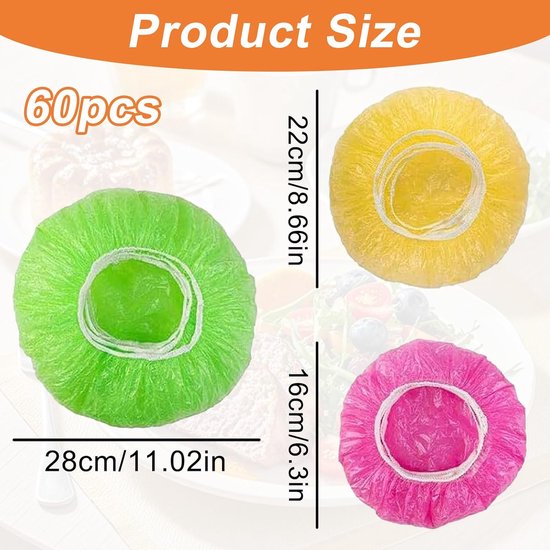 Set van 60 - Elastische Afdekfolie Voedselhoes - Vershouden van Voedsel, Maaltijden, Gerechten en Fruit - Vershoudzakjes - Vliegenkap - 16cm / 21cm / 27cm — afbeelding 2