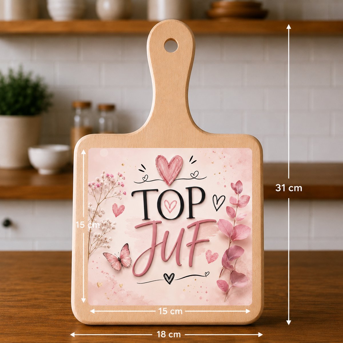 Kaasplank met Tegel Top Juf – Bedankcadeau voor Juf – Houten Serveerplank 18x31 cm met Tegel 15x15 cm – Cadeau Einde Schooljaar