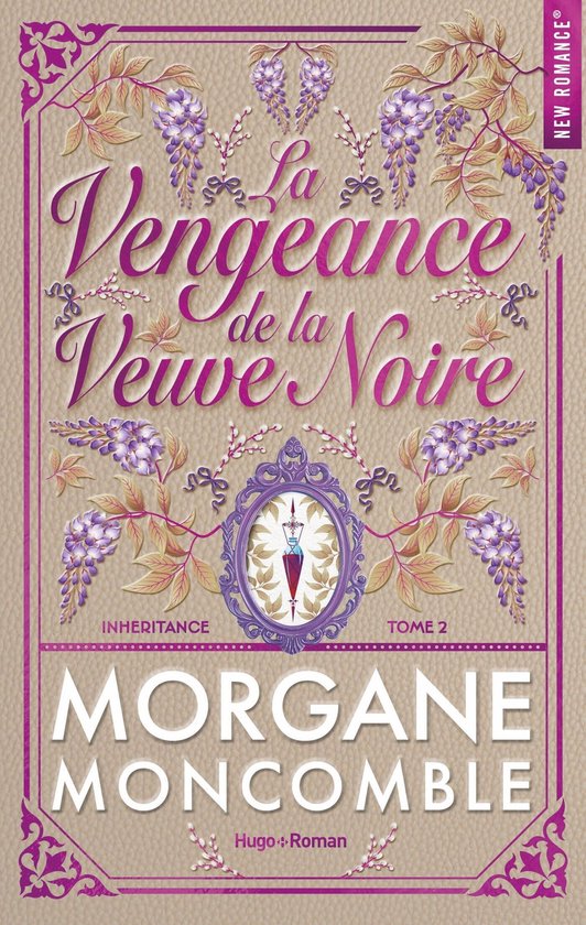 Couverture du livre "La Vengeance de la Veuve Noire". Fleurs et volutes lilas sur fond beige. Titre en violet, nom de l'auteur en blanc.