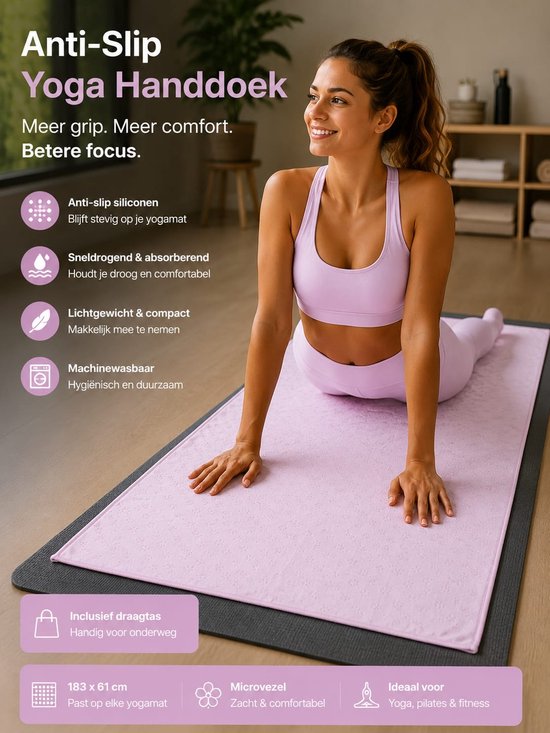 NovaOutlet Anti-Slip Yoga Handdoek Roze - Yogamat Handdoek met Siliconen Grip - Microvezel Yoga Towel - Sneldrogend - Inclusief Draagtas - 183 x 61 cm — afbeelding 2
