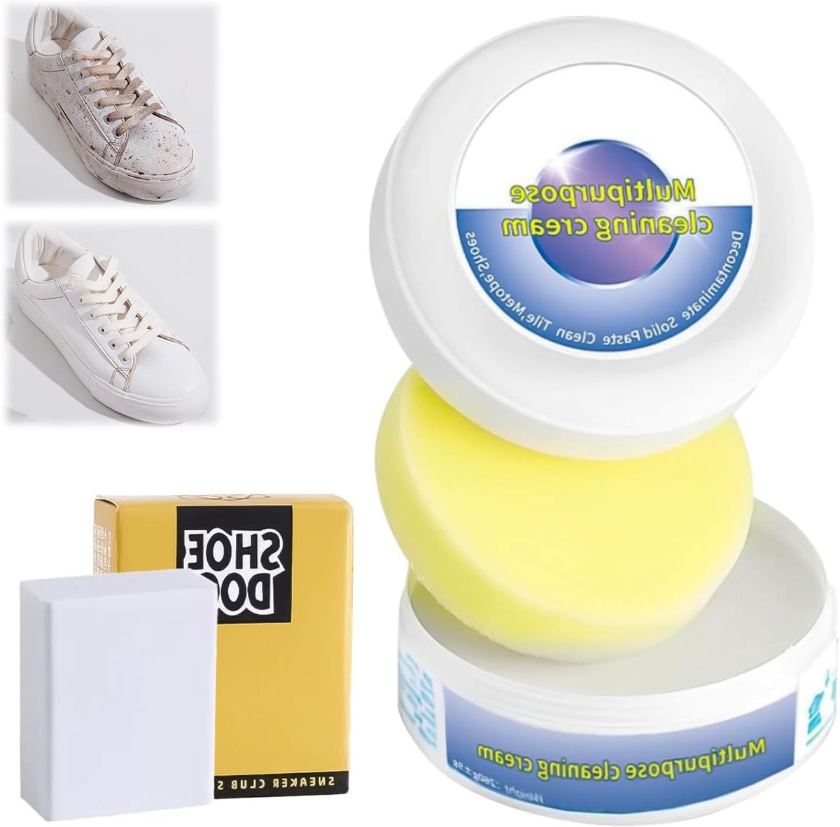 Witte Schoen Reinigingscrème voor Alle Oppervlakken met Spons en Vlekverwijderaar - 150g Multi-Functioneel Product voor Schoonmaken en Onderhouden van Witte Sneakers