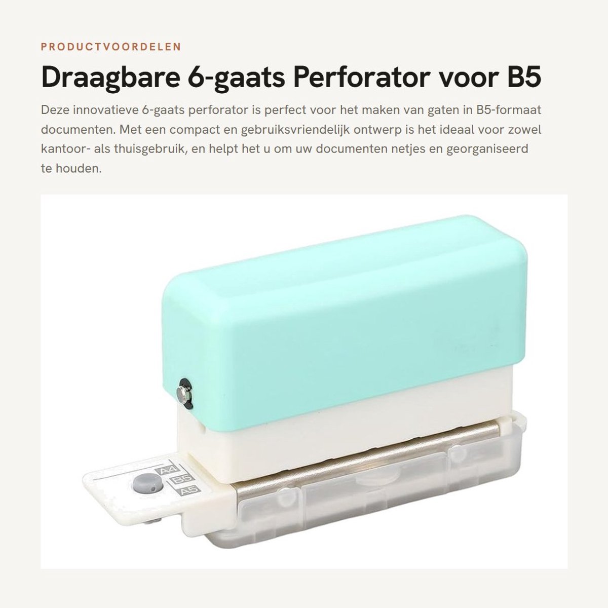 Dailygoods- Perforator 6-gaats - Draagbaar en Compact - Innovatieve P-box - Geschikt voor B5 en Losse Bladen - Handig voor Scrapbooking - Opgeruimd Werk - Ponsmachine