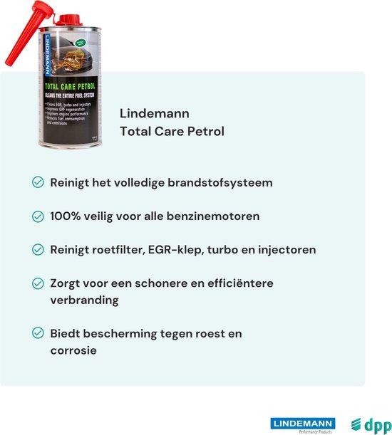 Blik Lindemann Total Care Petrol 1000ml met rode schenktuit en motorillustratie, met opsomming van voordelen.