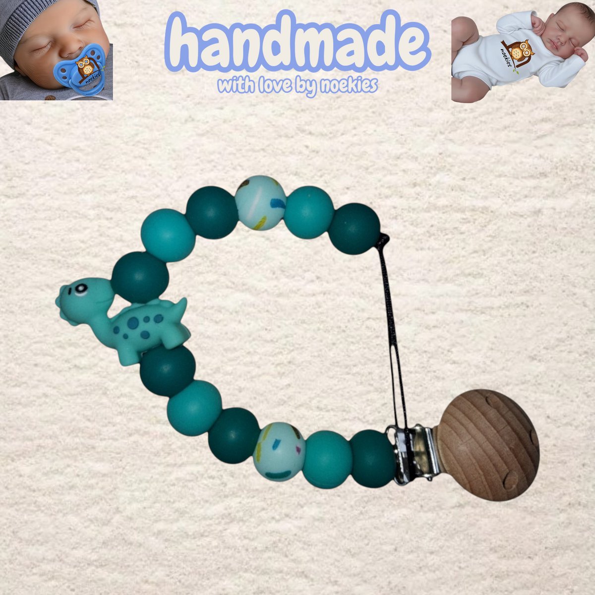 noekies speenkoord dino turquoise Kraamcadeau - Speenketting - Babycadeau - Babyshower nr 26
