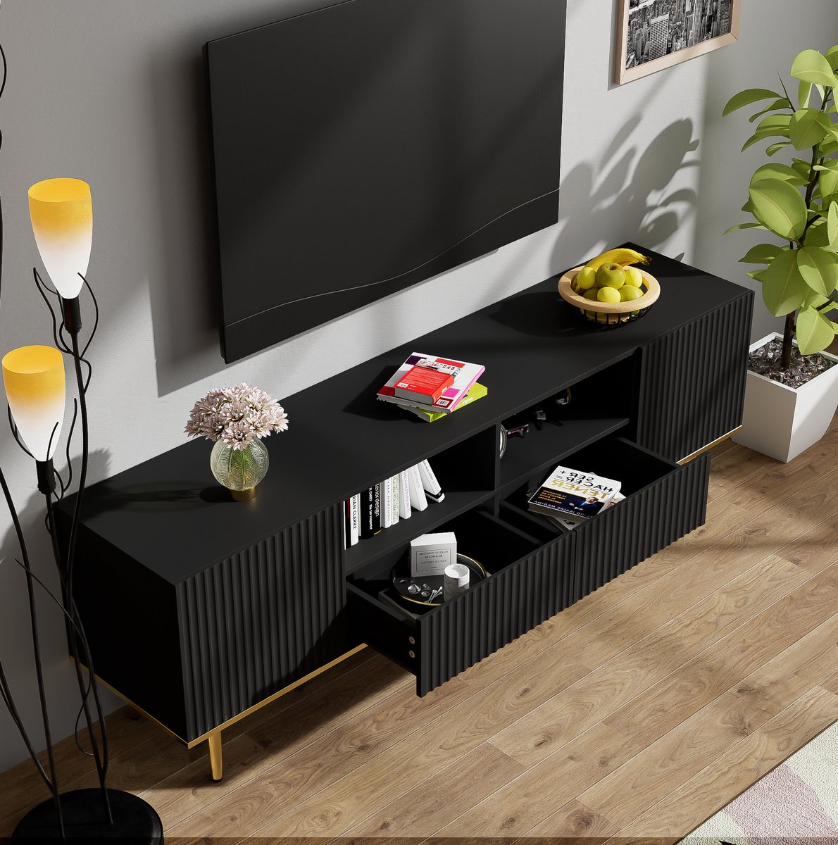 DESMIU Tv Meubel - Modern Design Met Greeploze Deuren En Lades - Opbergruimte Voor Woonkamer - Spaanplaat Zwart En Goud - 165x36x55 Cm
