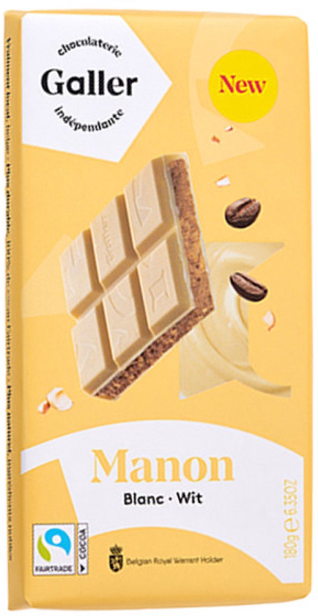 Witte chocoladetablet met koffiesmaakvulling en geroosterde noten Galler Blanc Manon, 180 g