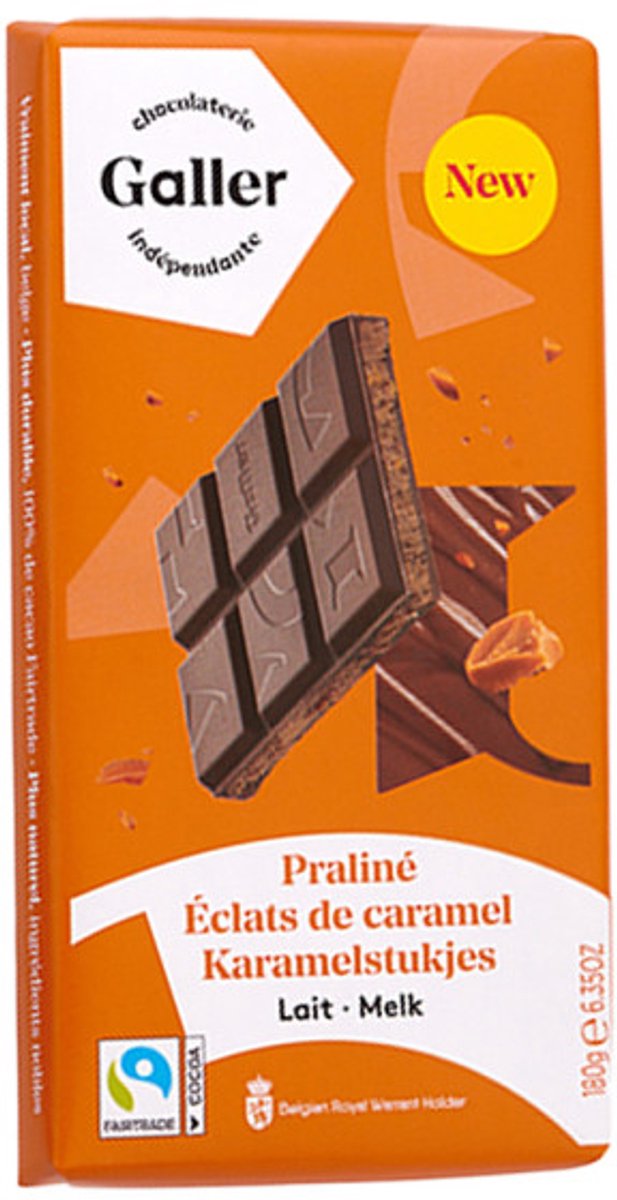 Melkchocoladetablet met pralinévulling en karamelstukjes Galler Lait Praline Eclats de Caramel, 180 g