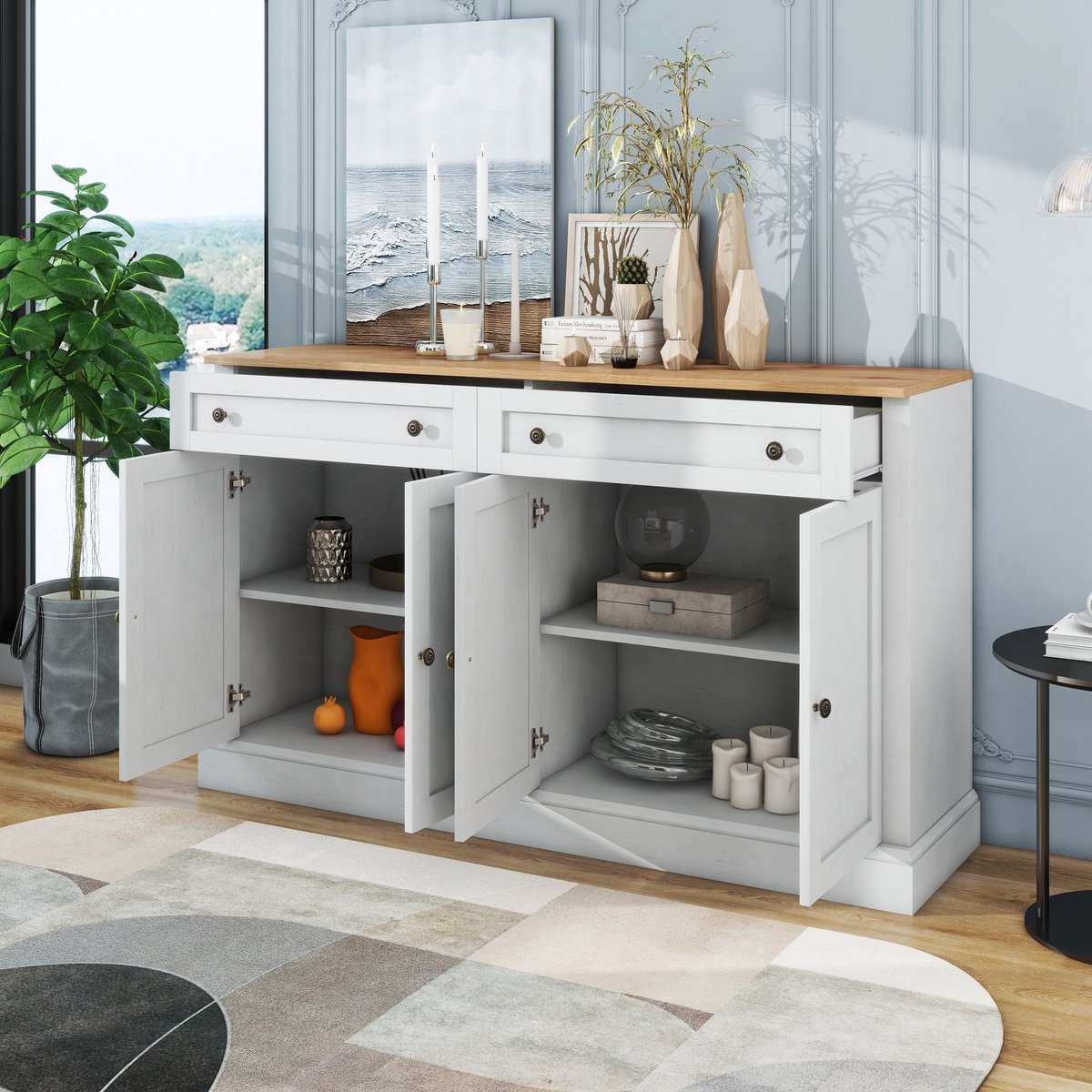 DESMIU Dressoir - 4 Deuren En 2 Laden Met Verstelbare Planken - Voor Woonkamer Keuken En Slaapkamer - Spaanplaat En MDF - 150x40x86 Cm - Naturel Hout
