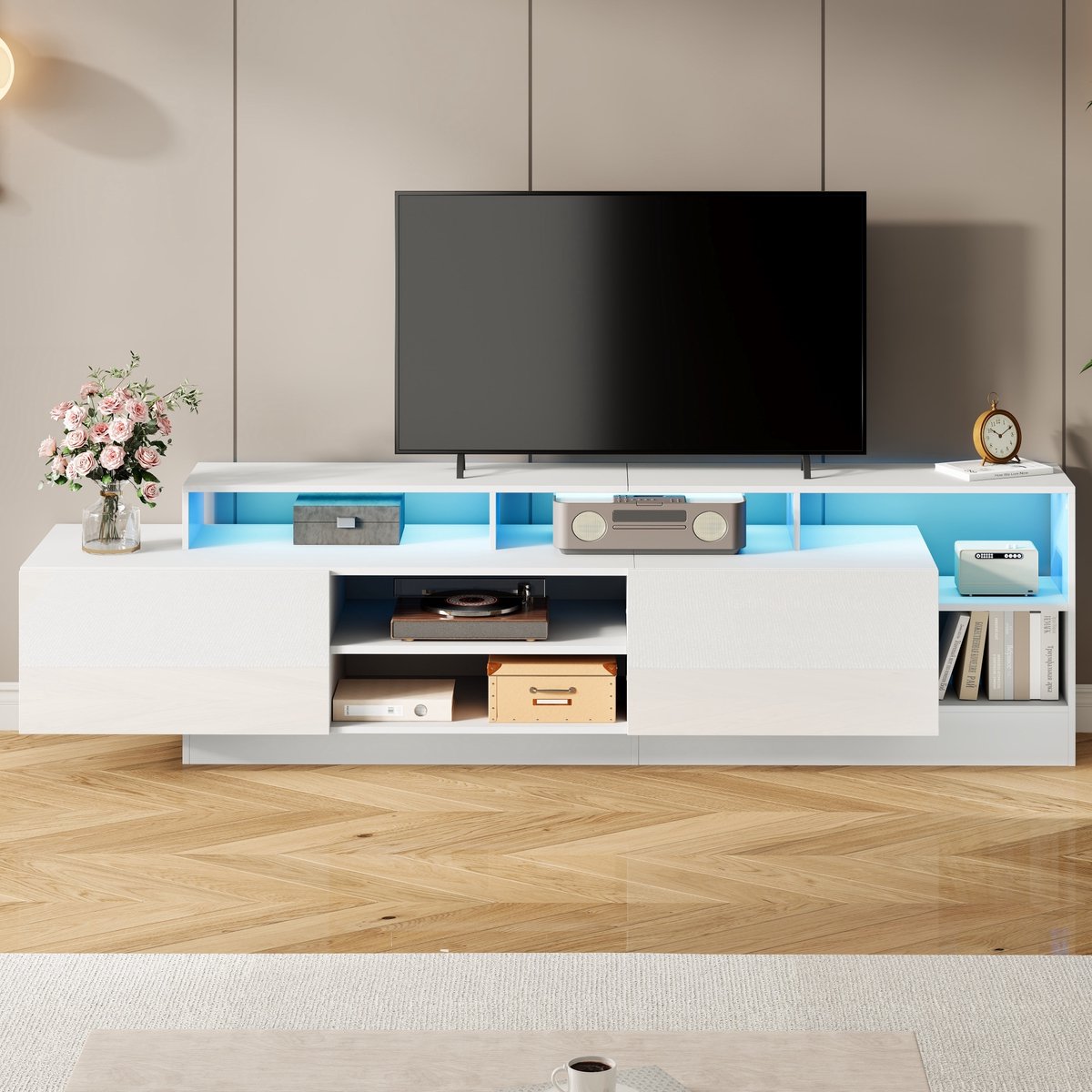 DESMIU Tv Meubel - Met Ledverlichting En Veel Opbergruimte - Voor Woonkamer En Slaapkamer - Spaanplaat Hoogglans Wit - 190x40x48,5 Cm