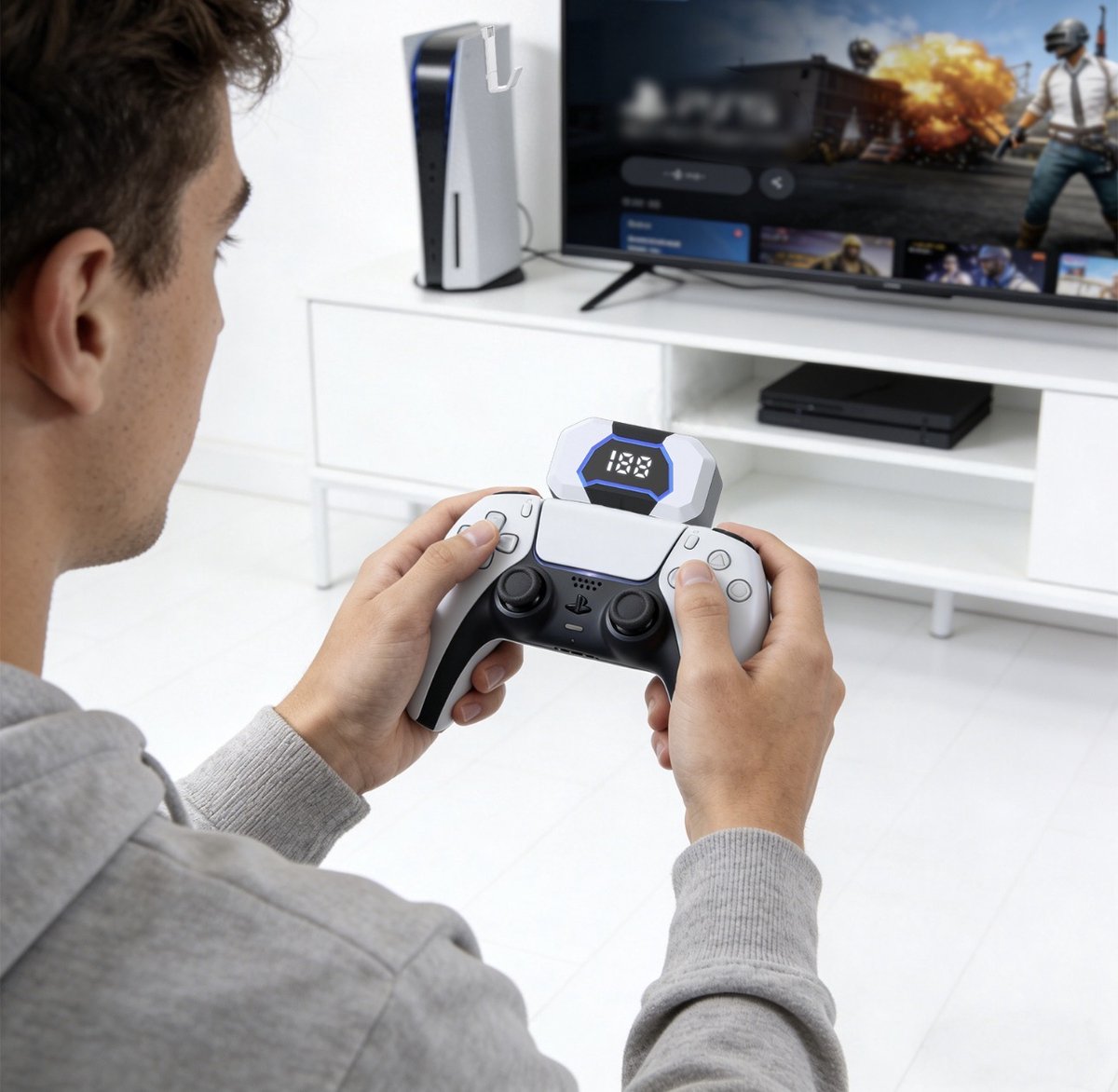 PS5 Controller Powerbank – draadloze oplader - Voor DualSense & DualSense Edge – Met 2 Ophanghaken voor controller en headset – foto 2
