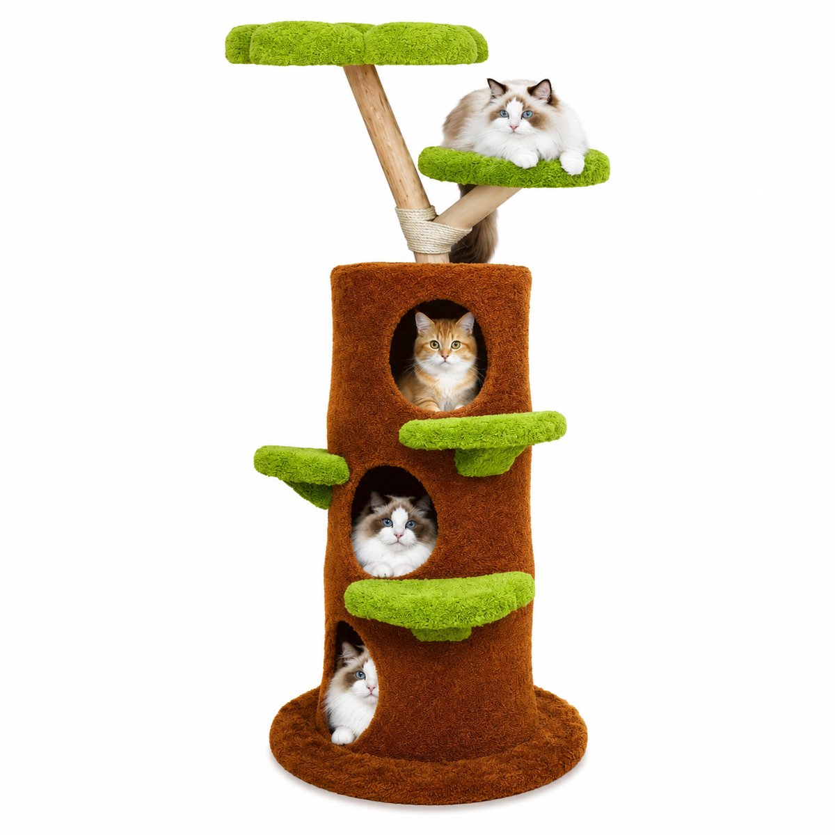 NordPaw® Luxe Kattenboom Boomdesign 148 cm - Krabpaal met 3 Kattenhuizen, Sisal Krabpalen, Klimplatformen en Bloemvormige Ligplek - Groen/Bruin