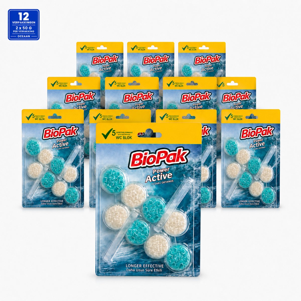 BioPak Power Active WC Blok Oceaan – Toiletblok met Frisse Oceaangeur – 12 Verpakkingen van 2 x 50 g – Toiletverfrisser voor de Toiletrand – 24 WC-Blokken