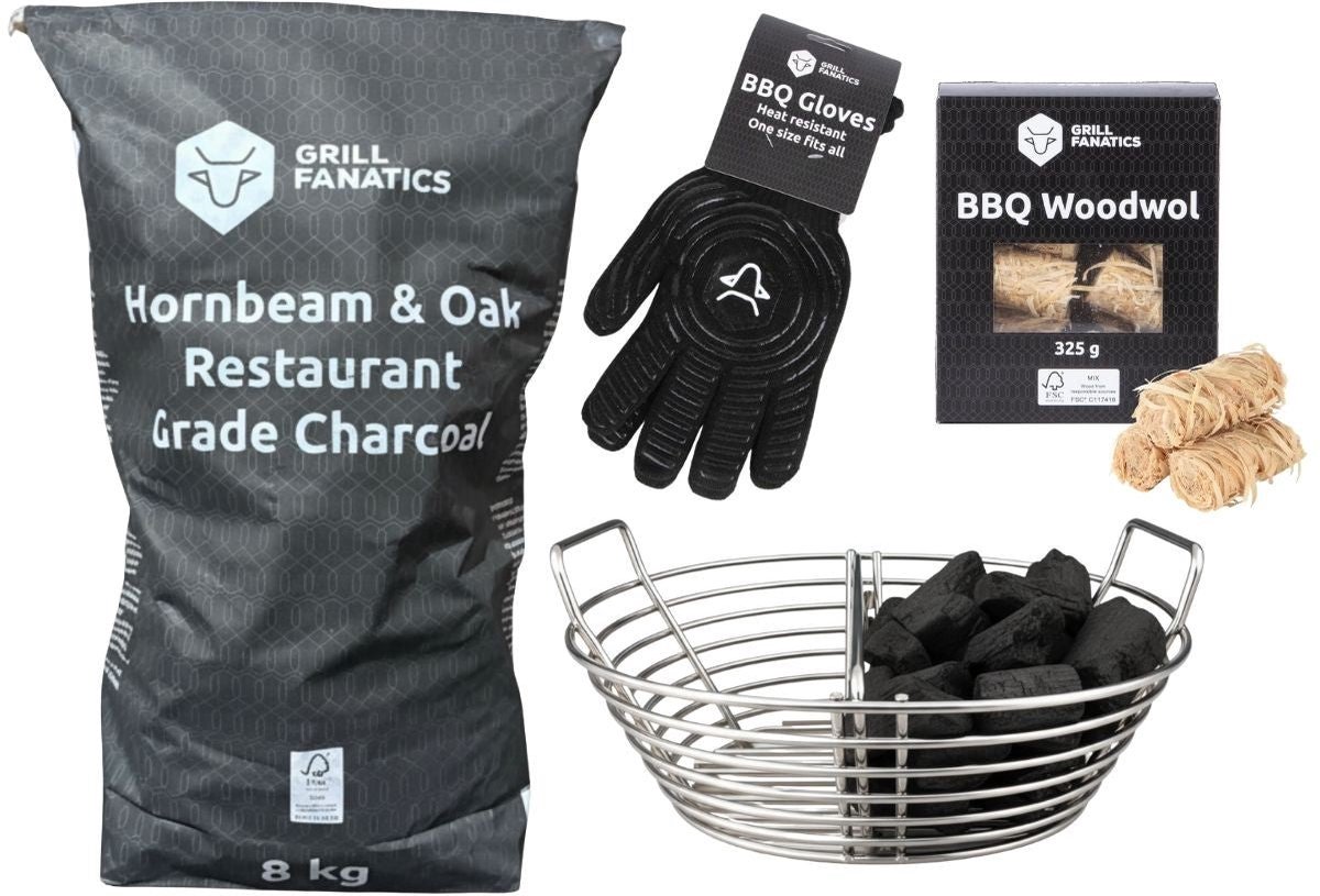 Cookinglife Grill Charcoal Startersset - Houtskool 8kg (Haagbeuk/Eik), Kolenmand & Handschoenen