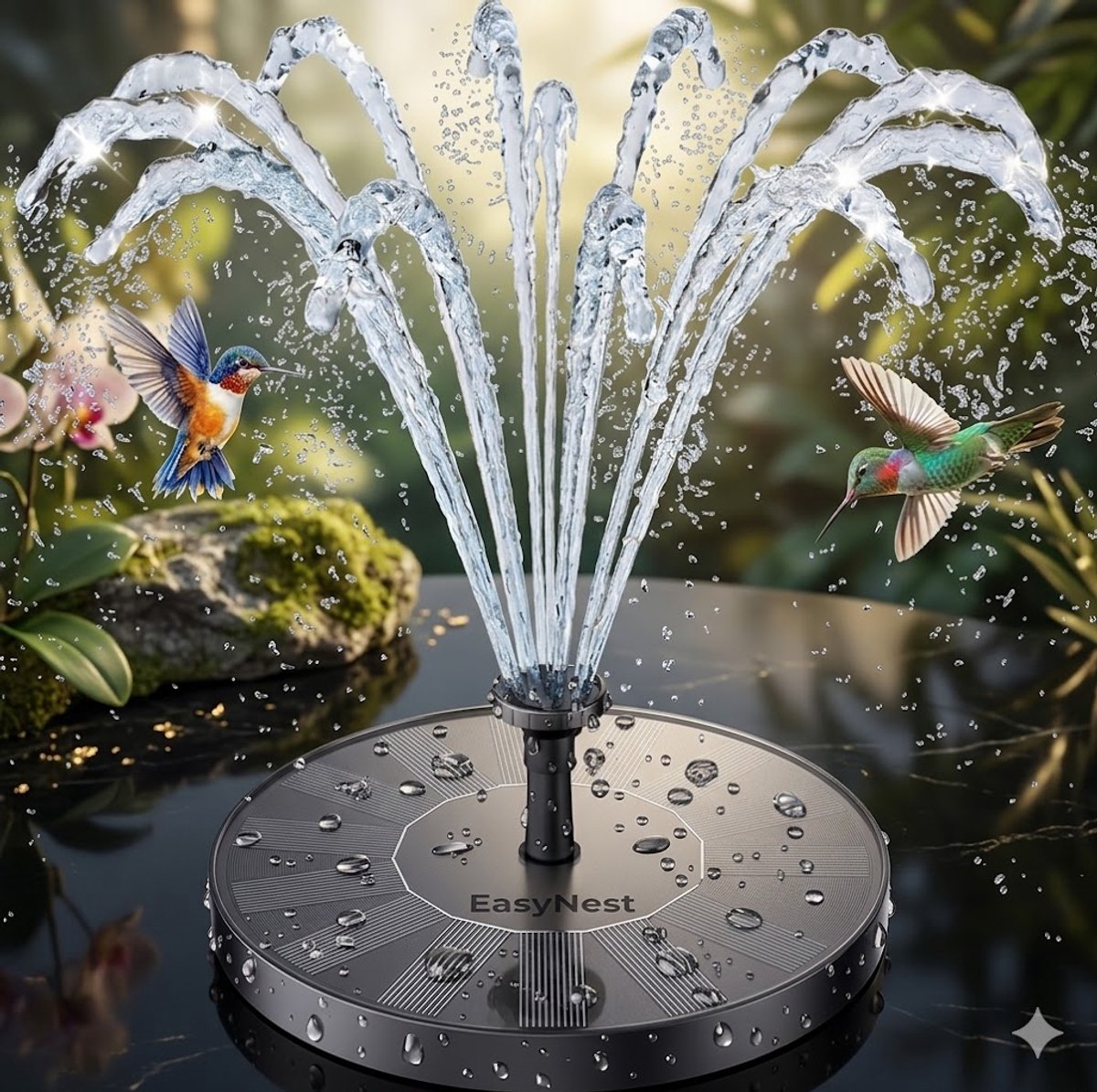 Solar Fonteinpomp met 6 Sproeikoppen – Drijvende Zonnefontein voor Vogelbad, Vijver en Tuin – Zonne-Energie Waterfontein