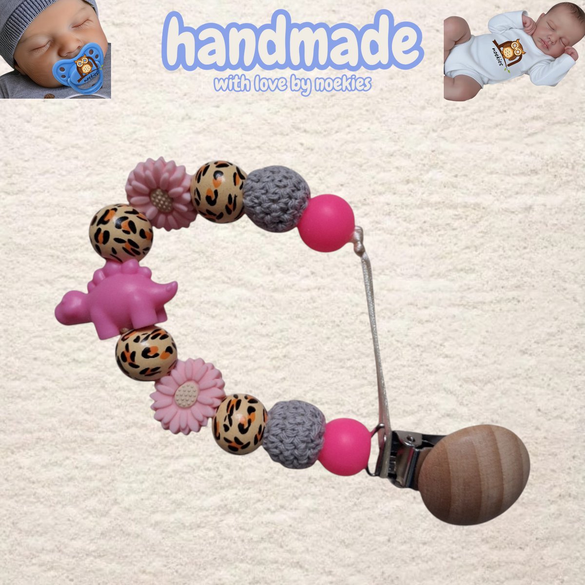 noekies speenkoord dino panterprint roze Kraamcadeau - Speenketting - Babycadeau - Babyshower nr 32