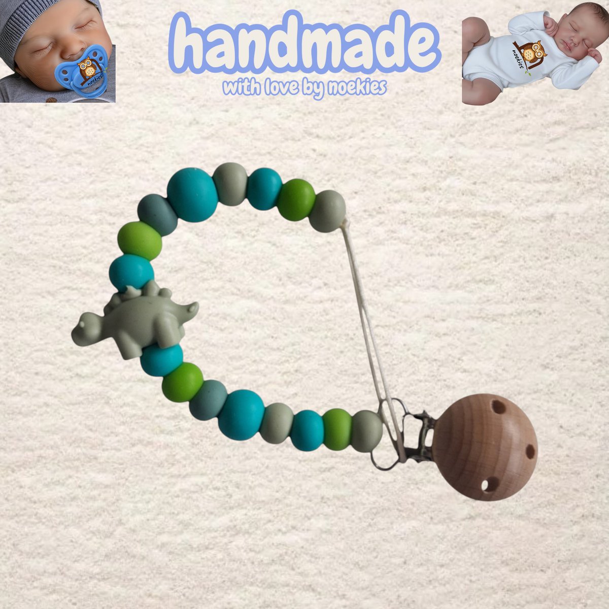 noekies Speenkoord dino turquoise khaki Kraamcadeau - Speenketting - Babycadeau - Babyshower nr 27