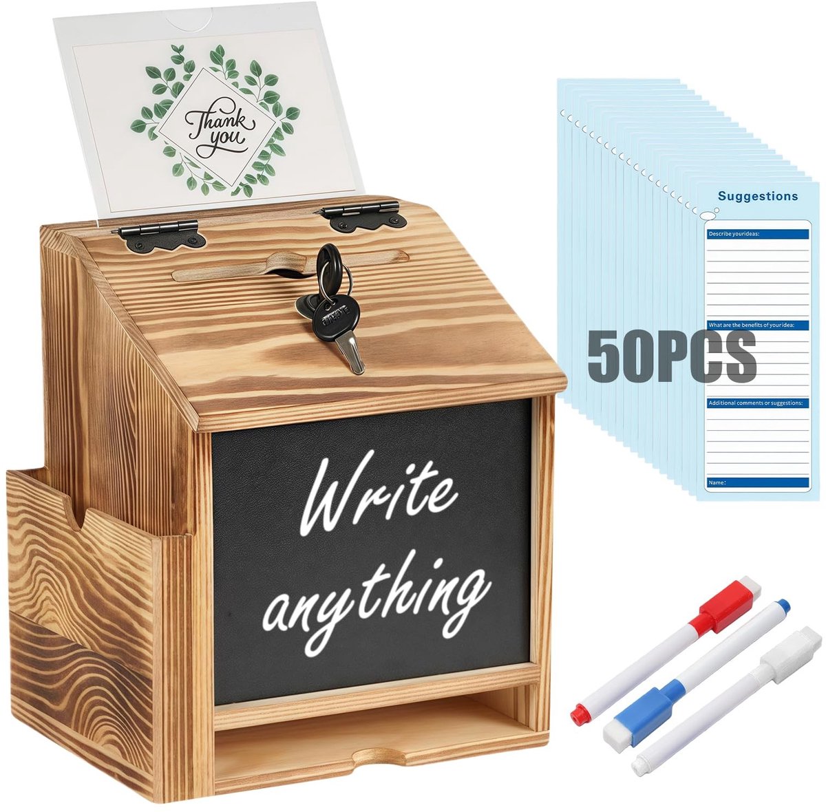 Dailygoods- Suggestiebox Afsluitbaar - Donatiebox met Slot - Stembus - Commentaarbox - Dispenserbox - Inclusief 50 Suggestiekaarten - 25 x 17 x 10 cm