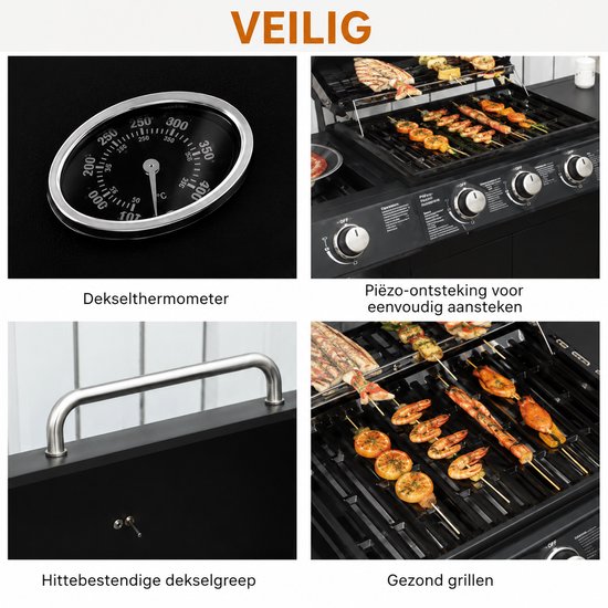 Miryx Gasbarbecue - Grillwagen - Gasgrill - met 4 Branders en 1 Zijbrander, Drukregelaar en Slangen - 110x50x100 cm - Zwart — afbeelding 5