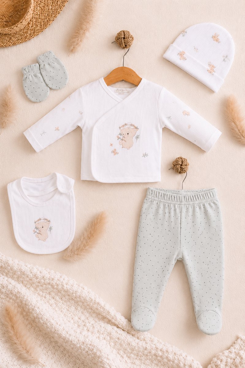 Blijeitje -Babykleding Set 5-Delig Unisex Mint/Wit – Newborn Baby Kleding met Koala – Muts, Broekje, Slabbetje & Handschoentjes – 100% Katoen – 0-3 Maanden