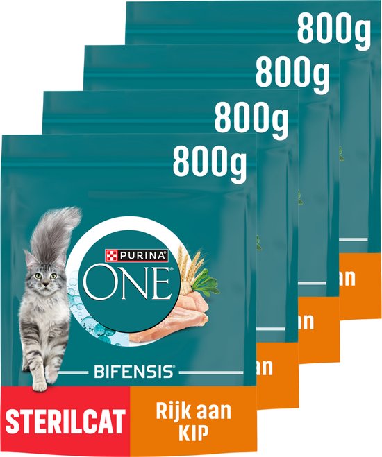 Vier verpakkingen Purina One Sterilcat kip 800g met een kat erop.