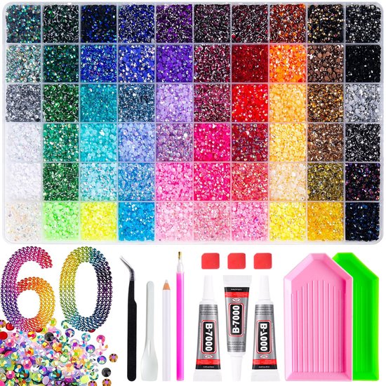 Set met 60 kleuren strass steentjes, lijm, pincet, wax pen, en bakjes voor het maken van nail art en decoraties.