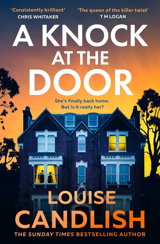Boek 'A Knock at the Door' met een huis bij zonsondergang. Tekst: 'A Knock at the Door', 'She's finally back home. But is it really her?'