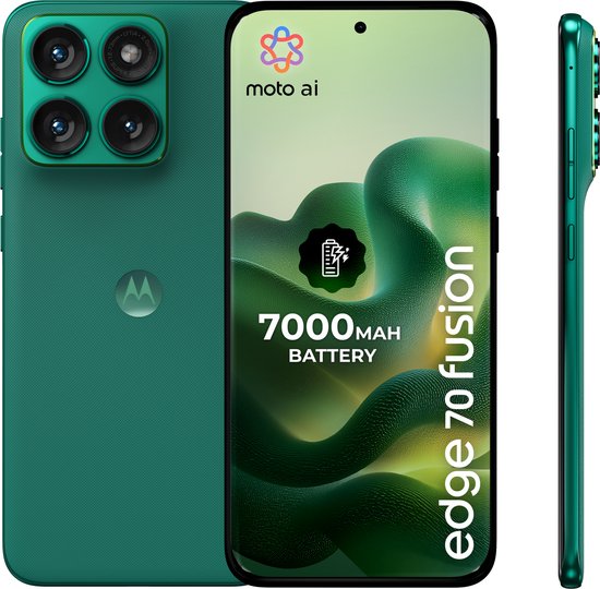 Groene telefoon met vier camera's achteraan, scherm met 'edge 70 fusion' tekst.