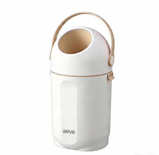 Witte luieremmer met beige handvat en opening. De emmer heeft het 'aeve.' logo.