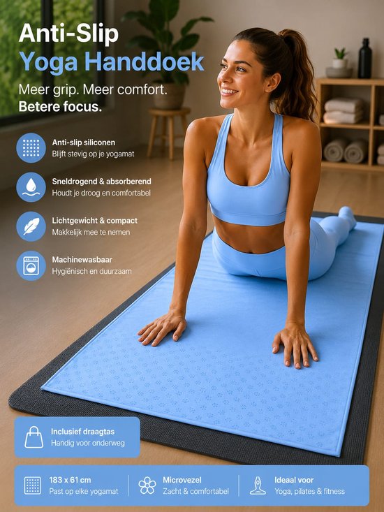 NovaOutlet Anti-Slip Yoga Handdoek LichtBlauw - Yogamat Handdoek met Siliconen Grip - Microvezel Yoga Towel - Sneldrogend - Inclusief Draagtas - 183 x 61 cm — afbeelding 2