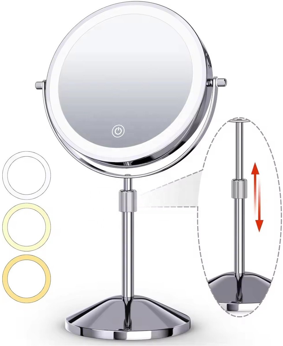KHRONOX® Make Up Spiegel, Make-Up Spiegel Met LED Verlichting, 10x Vergroting, 3 Lichtstanden, USB Oplaadbaar, 2000 Mah, Vergrootspiegel, Make Up Spiegel 10x Vergroting, Badkamerspiegel, Scheerspiegel, 360° Draaibaar, Valentijnsdag, Cadeautje, ZILVER — cadeau in Verzorging - foto 2