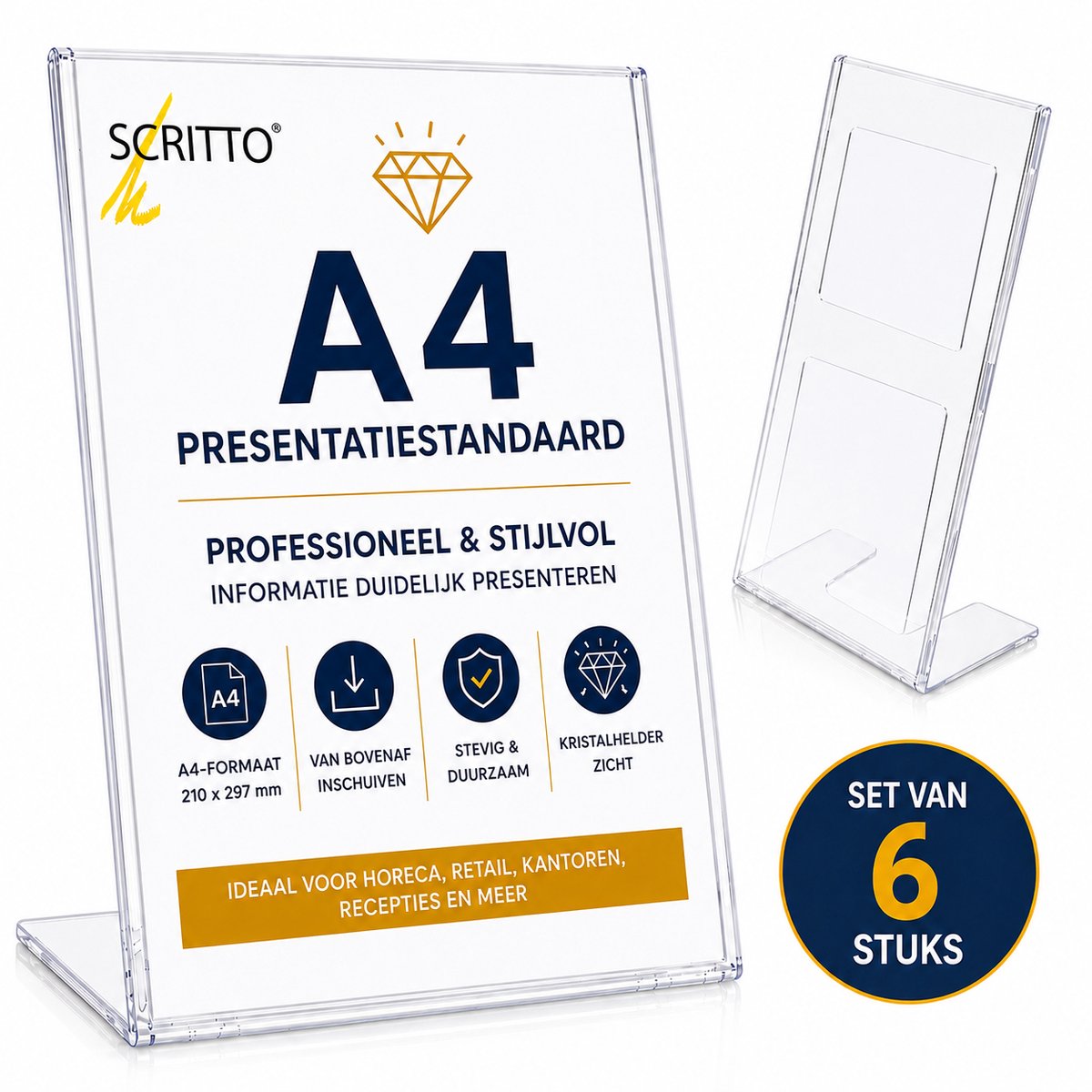 Set van 6 Scritto Presentatiestandaard A4 Staand – Transparante Folderhouder – Menukaarthouder – Informatiedisplay – L-Model