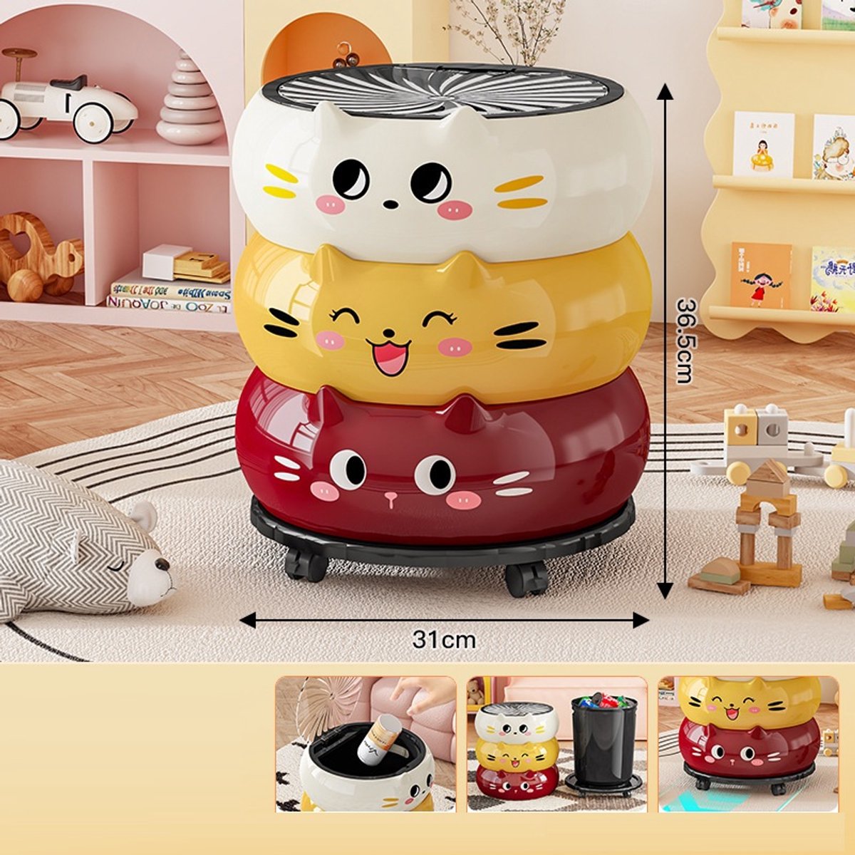 Creatieve, kleurrijke prullenbak met kittenmotief / Grote prullenbak met deksel, voor thuisgebruik / Geschikt voor woonkamer, slaapkamer en keuken / Leuke cartoonprullenbak van 20 liter