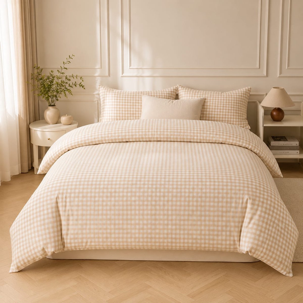 Beddengoed 220 x 240 cm geruit beige omkeerbaar dekbedovertrek met ritssluiting en 2 kussenslopen 80 x 80 cm Oeko-Tex