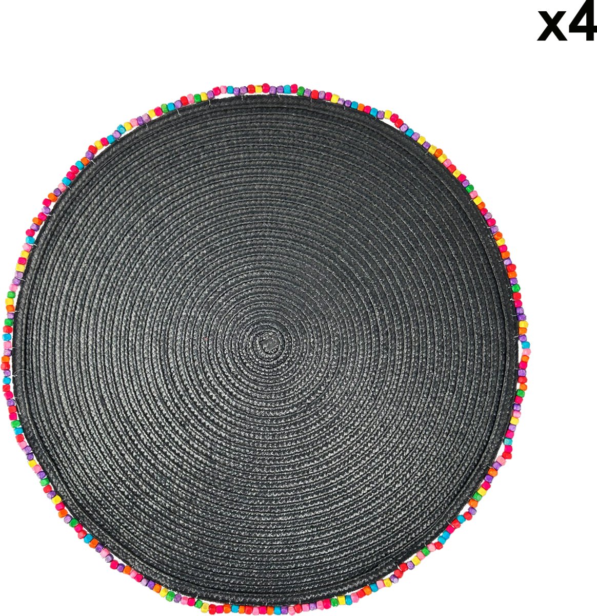 Arca BORDATO Set van 4 Zwarte Placemats Rond 38cm, met speelse houten kralen afboording - polyester - onderhoudsvriendelijk