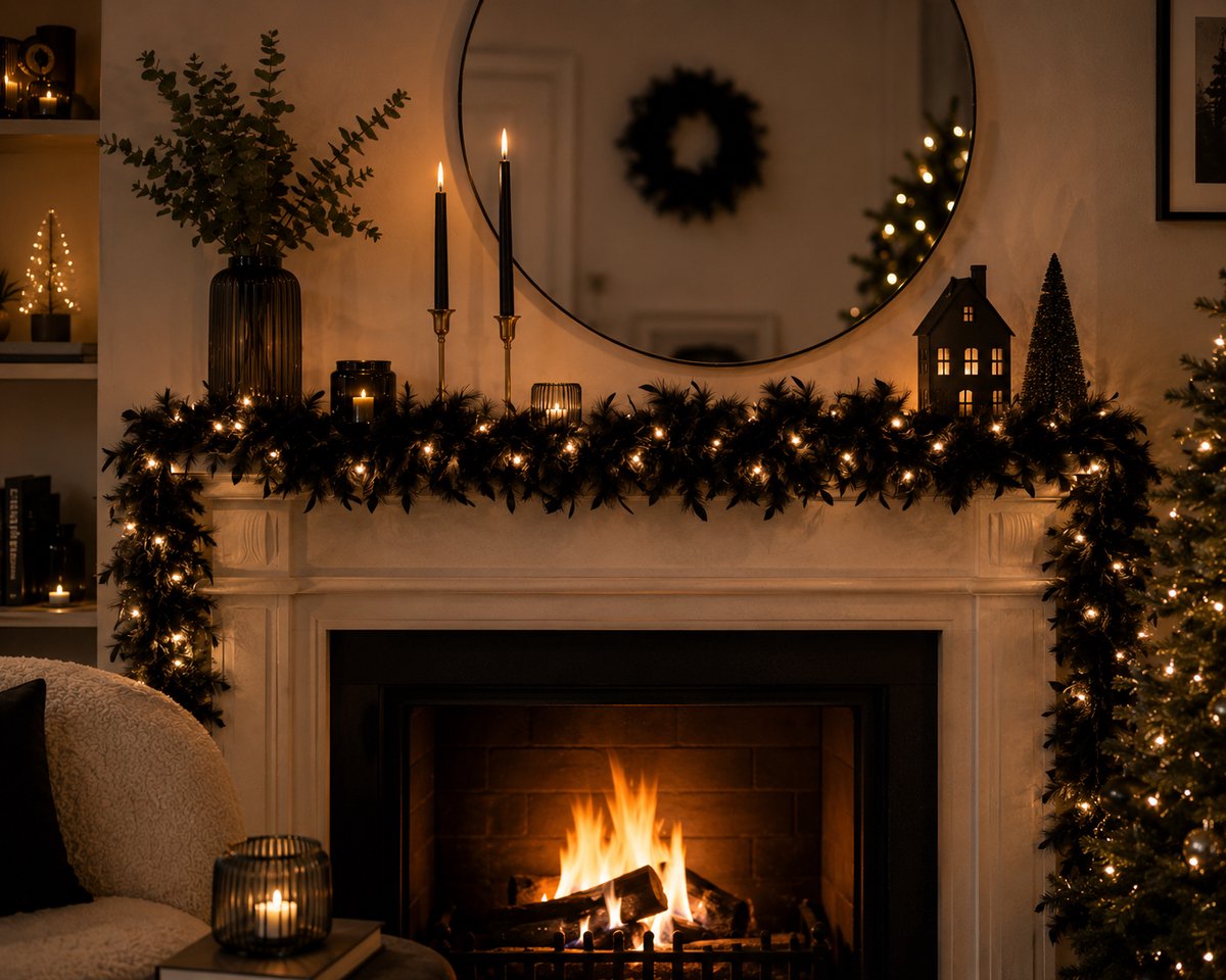 Anna´s Collection - deco light - 2 stuks - verenslinger - boa - lichtslinger - kerstslinger - zwart - Lengte 2 meter - 16 LED lichtjes