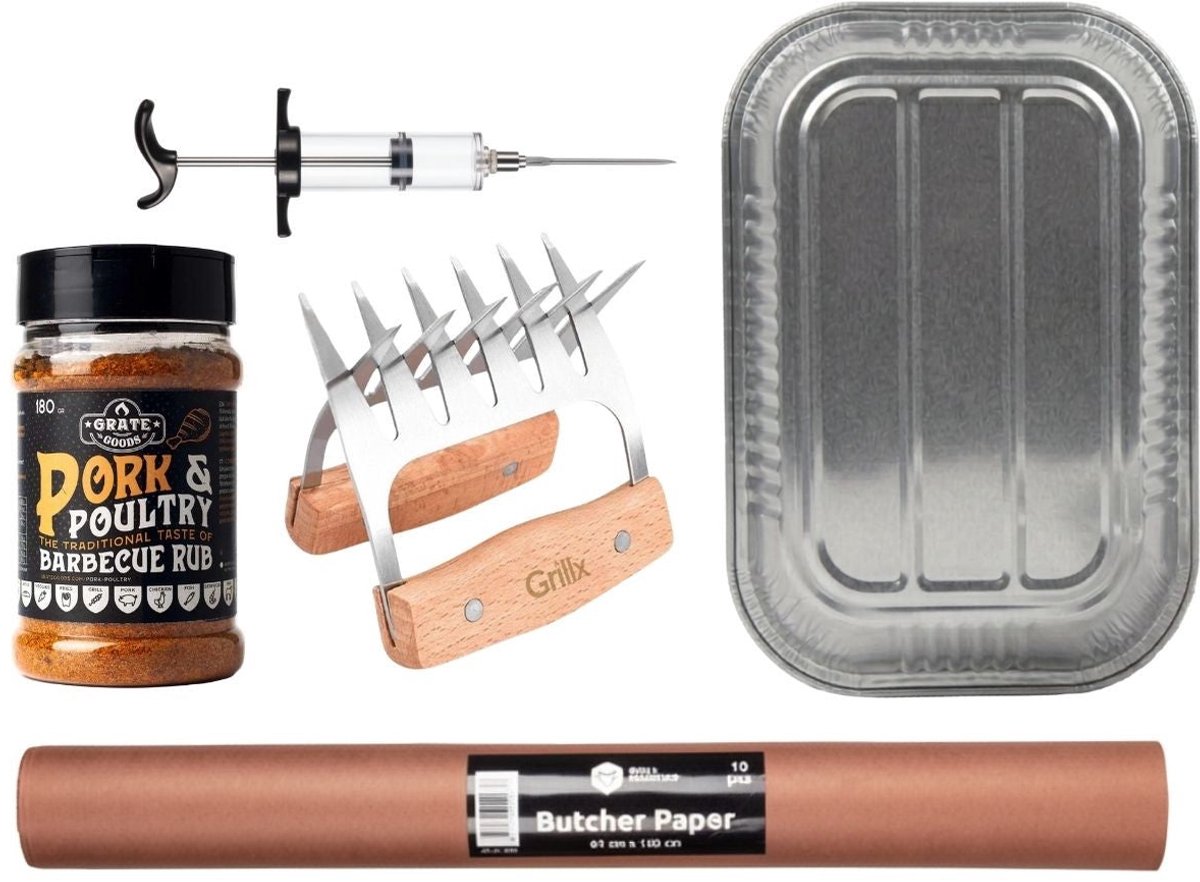 Cookinglife Pulled Pork Set BBQ-Kit 5-Delig - Fire & Flavour - Vleesklauwen, Injector & Rub