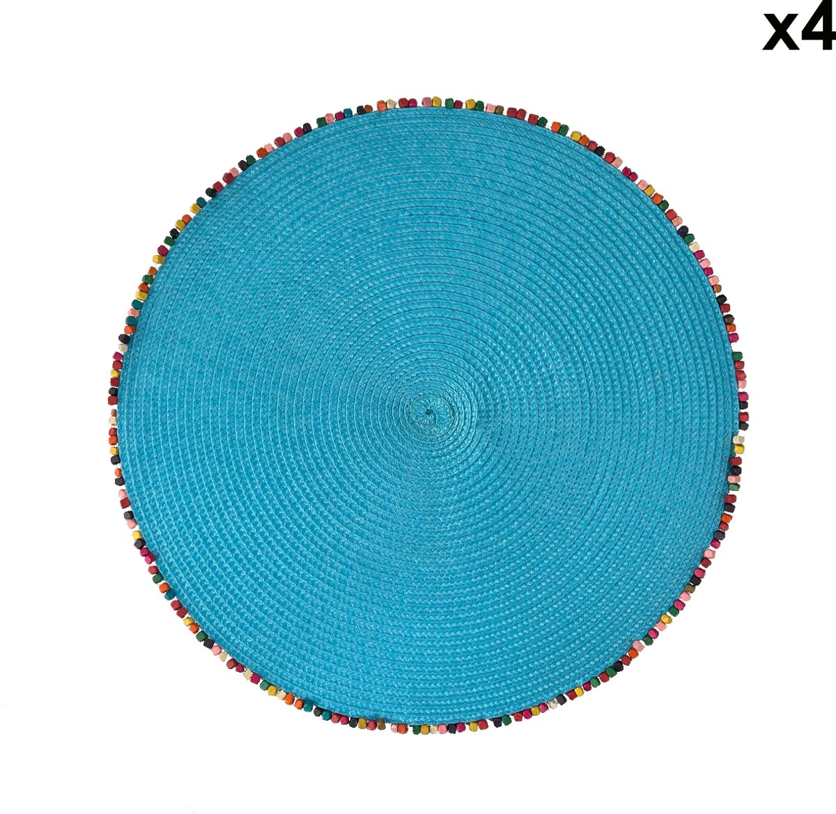 Arca BORDATO Set van 4 Turquoise Placemats Rond 38cm, met speelse houten kralen afboording - polyester - onderhoudsvriendelijk
