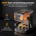 Zwart espressotoestel met transparante behuizing, dat twee kopjes espresso serveert. Tekst: 850W Snel verwarmingssysteem, 20s Snel zetten, Nauwkeurige temperatuurregeling.