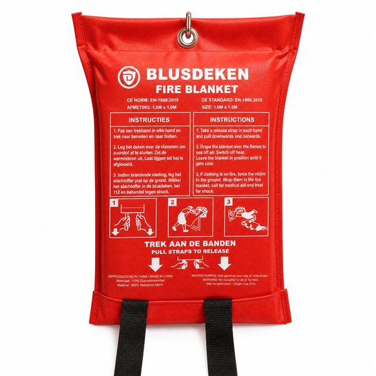 Blusdeken 100x100cm, CE EN-1869:2019, met instructies en trekbanden voor gebruik.