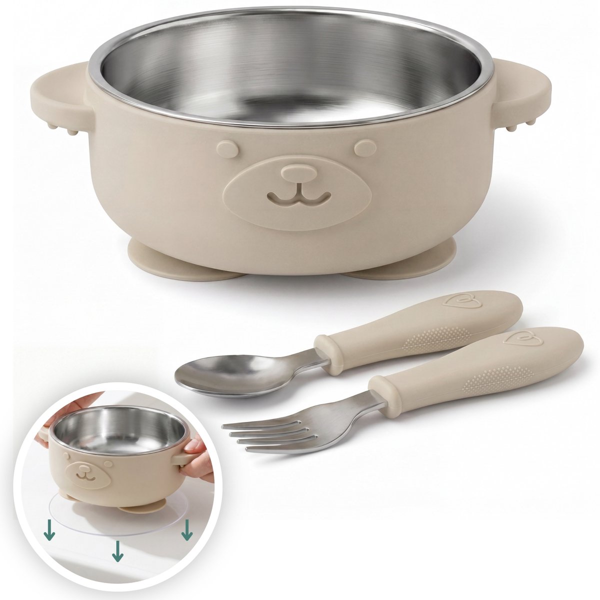 Broemba RVS Baby Bord met Zuignap & Bestek - Kommetje met Babylepel en Vork & 3 zuignap stickers - BPA-vrij Babyservies - Beige
