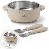 Broemba Bol Bébé Inox avec Ventouse & Couverts - Assiette Bébé avec Cuillère, Fourchette & 3 Pastilles Adhésives - Sans BPA - Beige