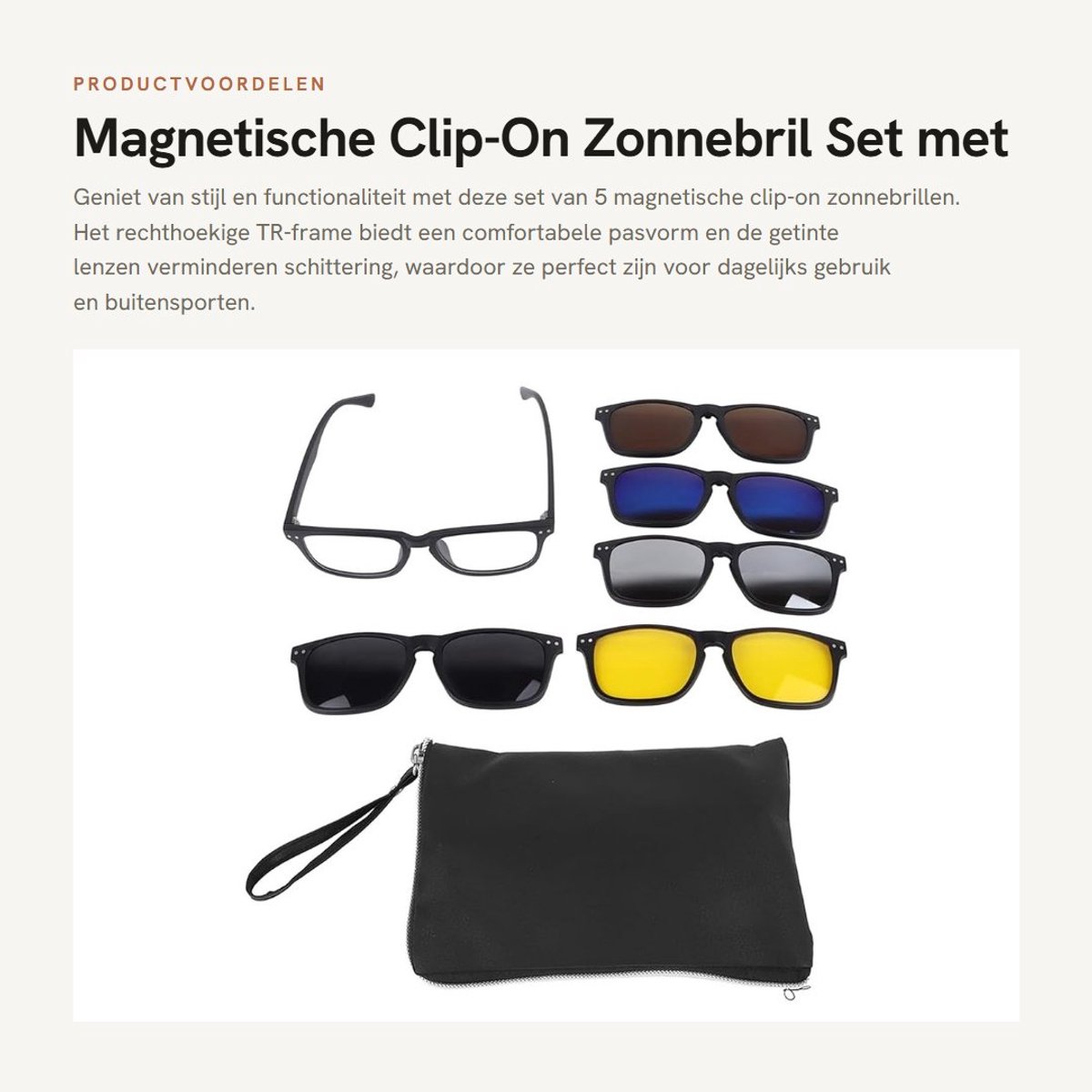 Dailygoods- Zonnebrillen set 5 paar - Magnetische clip-on - TR-montuur - Donkere lenzen - Lichtgewicht - Comfortabele pasvorm - Clip-on Zonnebril