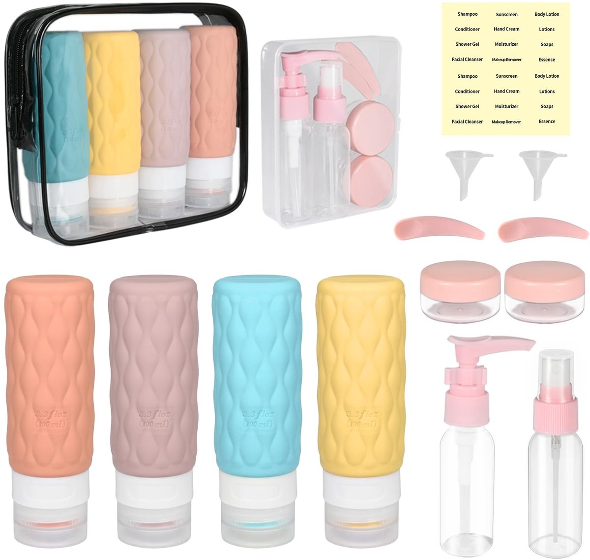 Dailygoods- Reisflesjes 100 ml - Navulbaar Siliconen - Lekvrij - Reiscontainers voor Shampoo - Draagbaar Ontwerp - Inclusief Toilettas