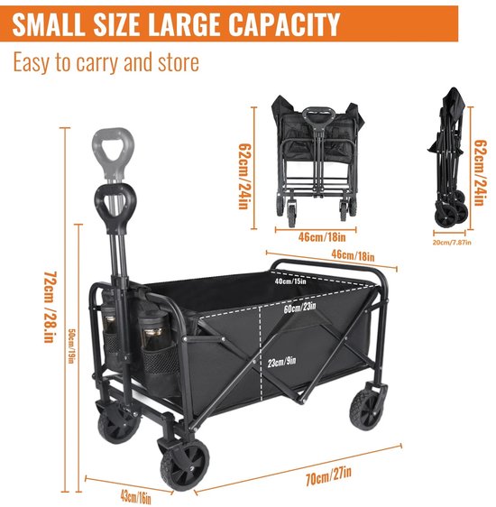 Velmio Opvouwbare Bolderkar met Tafel - Bolderkar - 150 Liter - Strand/Picknicken/Wandelen/Kamperen - Schokbestendige Wielen - Zwart - 95 × 57 × 100 cm — afbeelding 2
