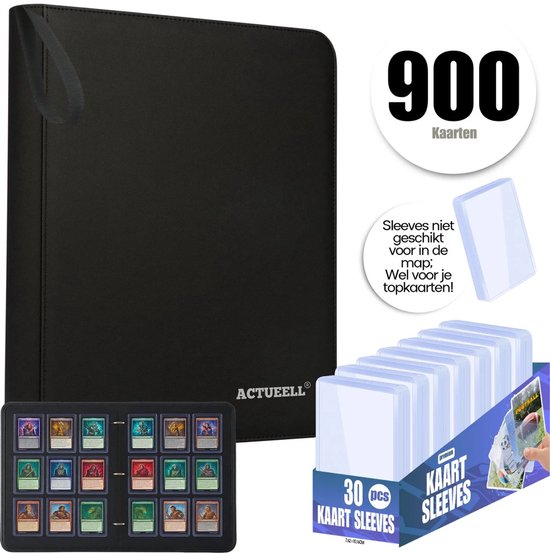 Actueell® A4 Verzamelmap 900 Kaarten – 9 Pocket Kaarten Binder – 50 Pagina's – Geschikt voor Penny Sleeves & Card Sleeves – Inclusief 30 Toploaders – Ritssluiting – Premium Leer – Zwart