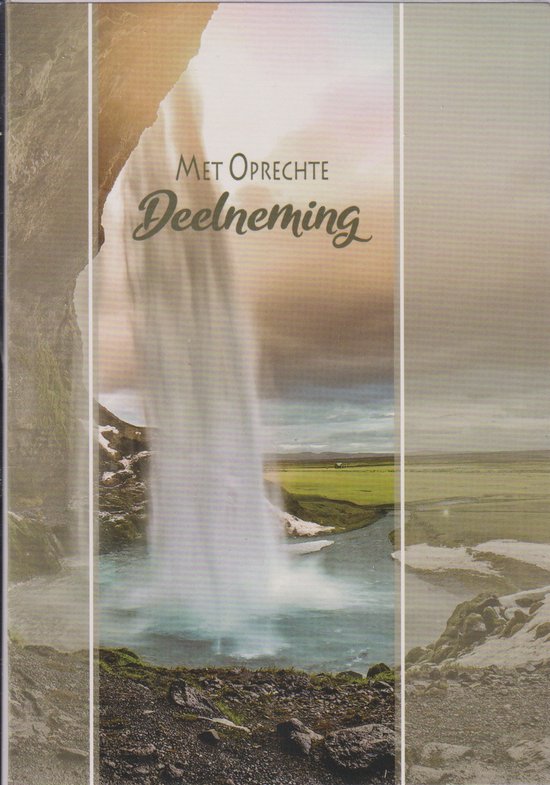 Wenskaart met een waterval en de tekst 'Met Oprechte Deelneming'.