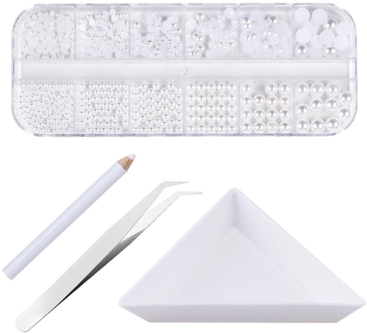 Dailygoods- Nail Art Set met Parels - 3 Gereedschappen - Driedimensionale Accessoires - Nagelaccessoires - Kunsthars Kralen - Roestvrij Stalen Pincet