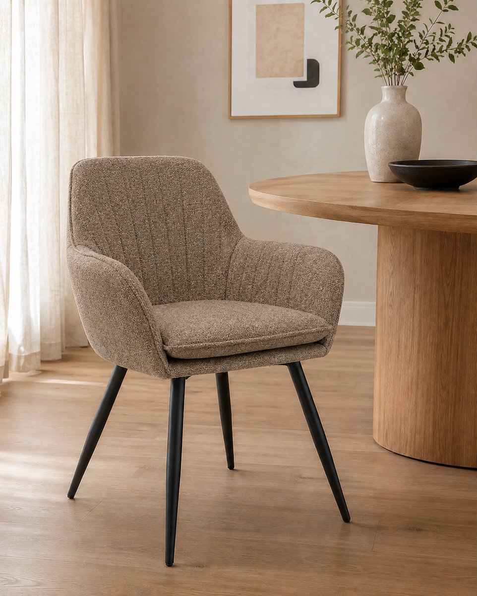 Eetkamerstoel Flore – Luxe Gestoffeerde Armstoel – Raven Stof – Metalen Poten - Taupe