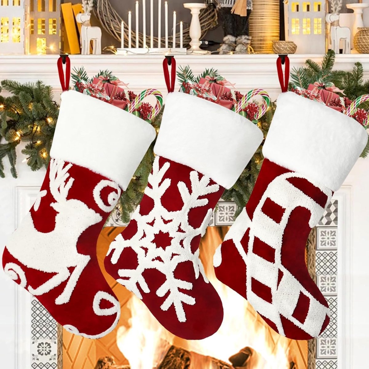 Dailygoods- Kerstkousen set van 3 - 45 cm grote kerstkousen - geborduurd rendier/sneeuwvlok - hangende sokken - rustieke kousen - ruime opening voor cadeautjes - Kerstkous