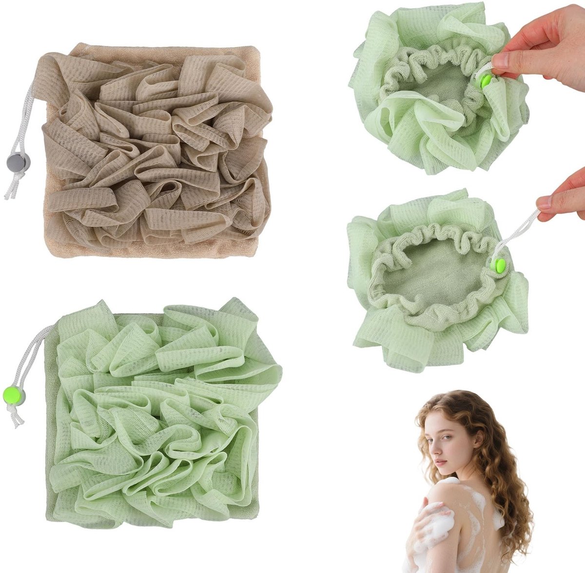Dailygoods- Loofah Washandjes 2-in-1 Exfoliërende Douchescrubber - 2 Stuks - PE-Gaas/Terry Stof - 17x16cm - Trekkoord - Snel Schuimend